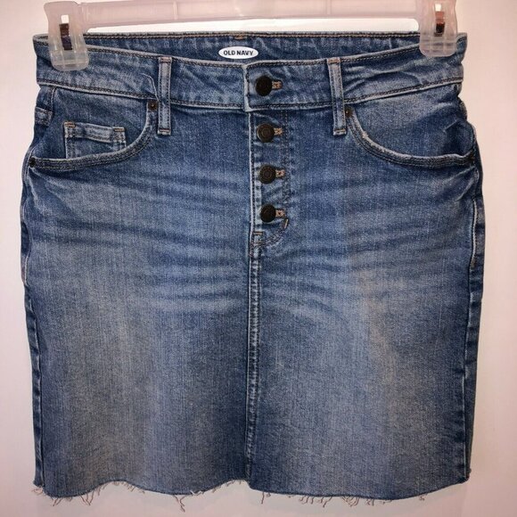Old Navy Women Size 4 Blue Denim Jean Button Front Raw Hem Straight Casual Skirt - Picture 3 of 7